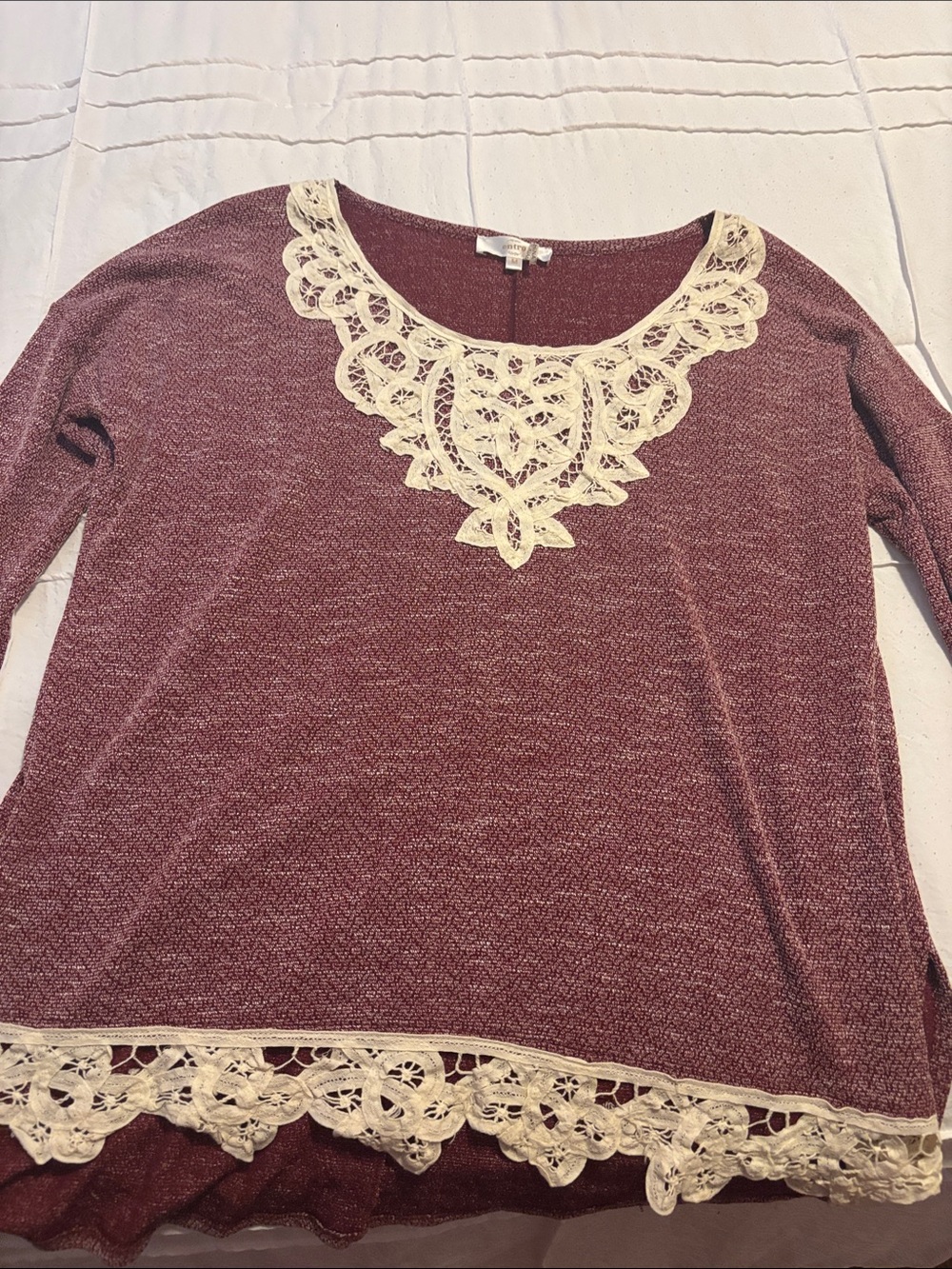 entro Burgundy Knit Long Sleeve Top with Cream Lace Trim